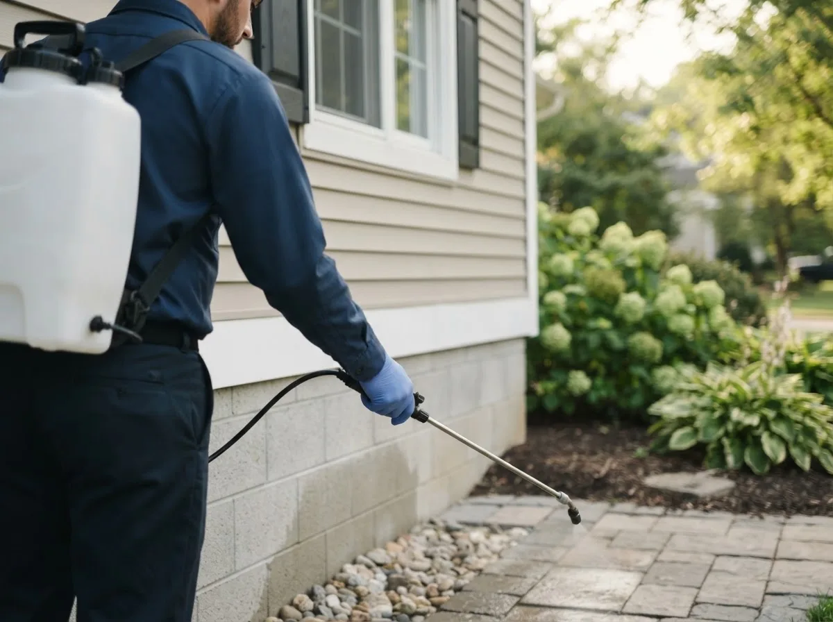 Pest control technician inspecting a home in Farmville, NC